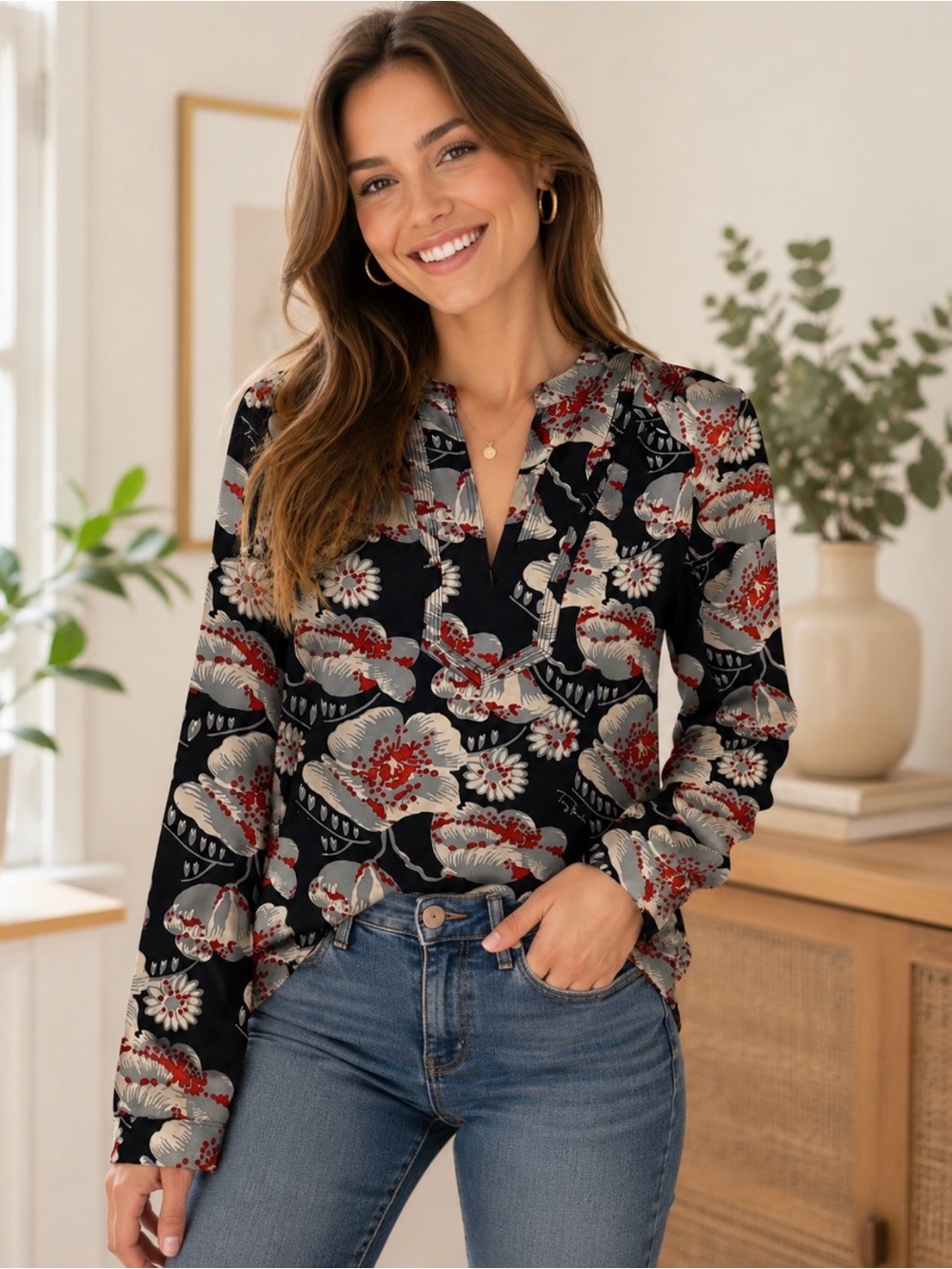 Tory Burch Floral Silk Blend Tunic Blouse Navy Red Gray Long Sleeve Women’s Top